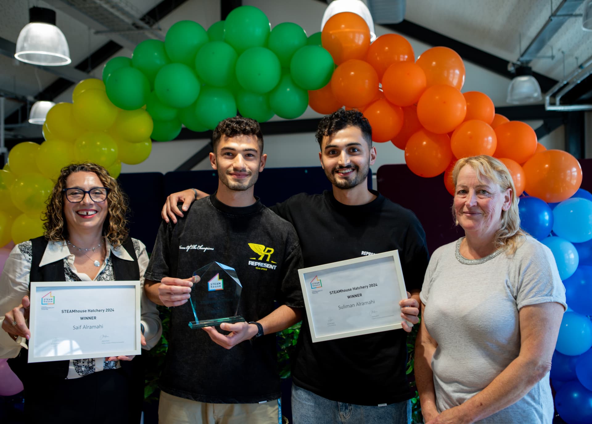 Hatchery Programme winners Sulieman and Saif Alramahi with Director and Enterprise Manager